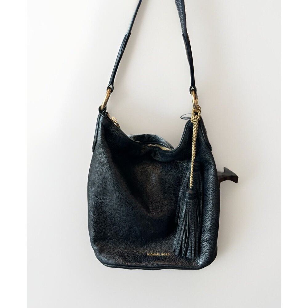 Michael Kors Black Leather Hobo Bag Should Purse Fringe Tassels 10.5x12.5